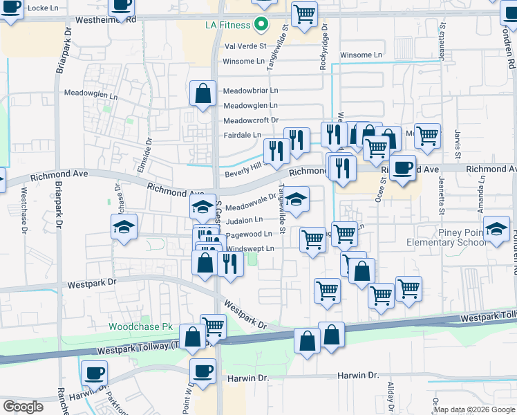 map of restaurants, bars, coffee shops, grocery stores, and more near 9627 Meadowvale Drive in Houston
