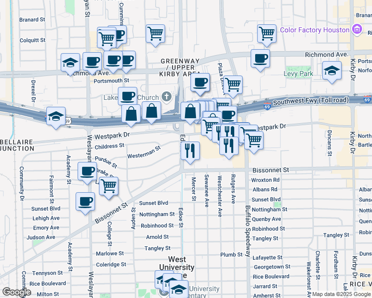 map of restaurants, bars, coffee shops, grocery stores, and more near 5135 Edloe Street in Houston
