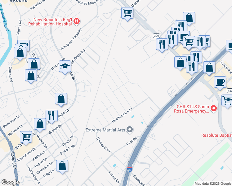 map of restaurants, bars, coffee shops, grocery stores, and more near 484 Mallow Drive in New Braunfels