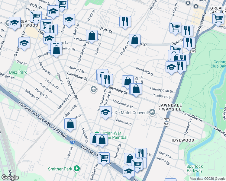 map of restaurants, bars, coffee shops, grocery stores, and more near 5510 Lawndale Street in Houston