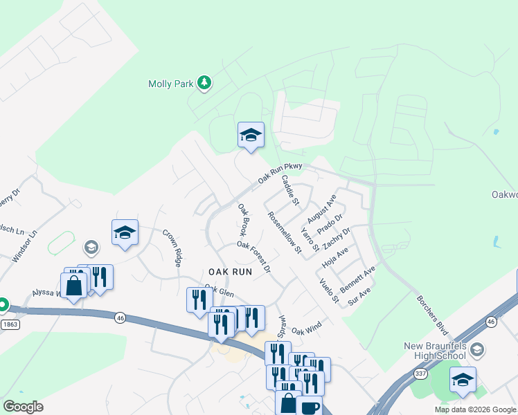 map of restaurants, bars, coffee shops, grocery stores, and more near 2285 Kiskadee Drive in New Braunfels
