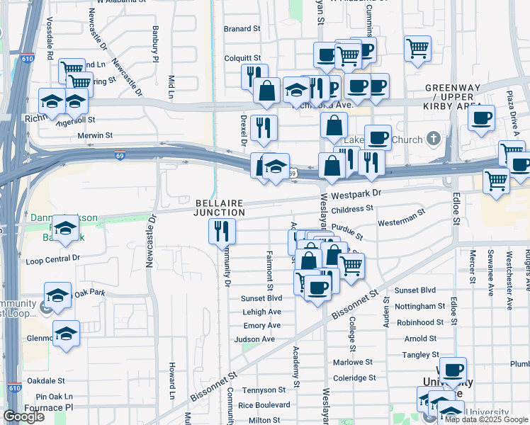 map of restaurants, bars, coffee shops, grocery stores, and more near 4206 Childress Street in Houston
