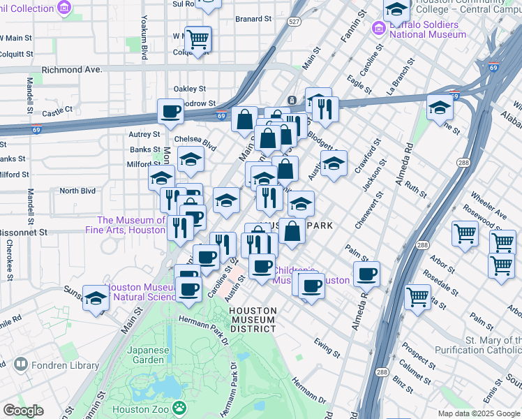 map of restaurants, bars, coffee shops, grocery stores, and more near 1220 Southmore Boulevard in Houston