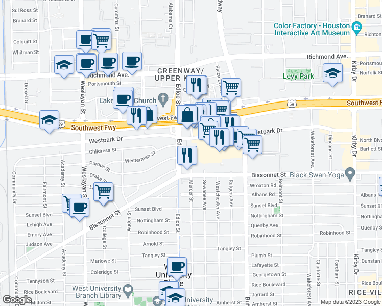 map of restaurants, bars, coffee shops, grocery stores, and more near 5135 Edloe Street in Houston