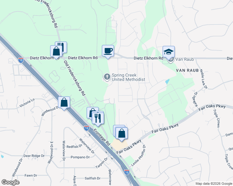 map of restaurants, bars, coffee shops, grocery stores, and more near 28807 Stevenson Gate in Boerne