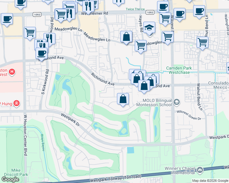 map of restaurants, bars, coffee shops, grocery stores, and more near 11355 Richmond Avenue in Houston