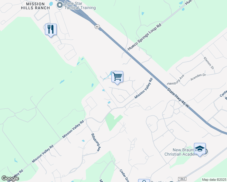 map of restaurants, bars, coffee shops, grocery stores, and more near 2646 Wilderness Way in New Braunfels