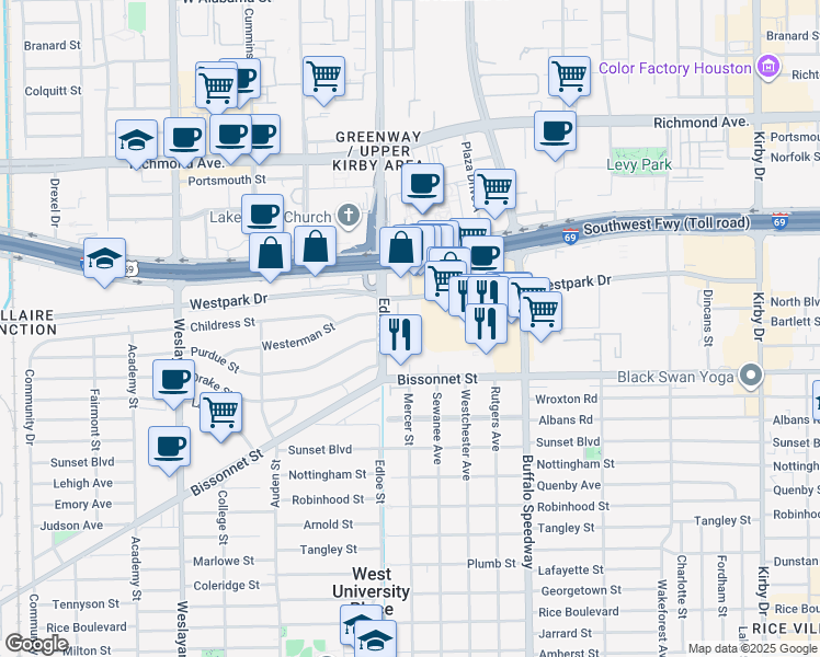 map of restaurants, bars, coffee shops, grocery stores, and more near 5151 Edloe Street in Houston