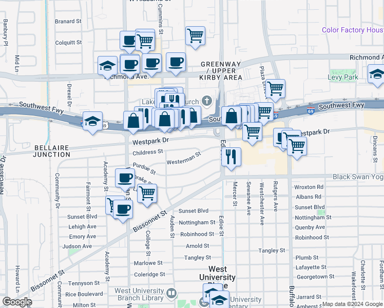map of restaurants, bars, coffee shops, grocery stores, and more near 3744 Westerman Street in Houston