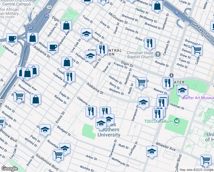 map of restaurants, bars, coffee shops, grocery stores, and more near 3225 Winbern St in Houston