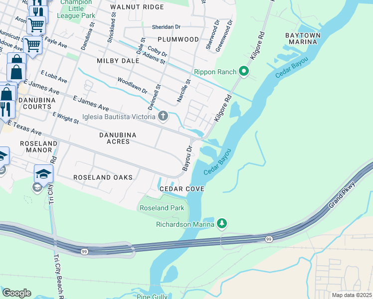 map of restaurants, bars, coffee shops, grocery stores, and more near 305 Bayou Drive in Baytown