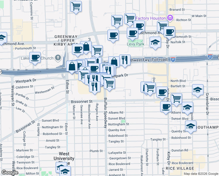 map of restaurants, bars, coffee shops, grocery stores, and more near 5225 Buffalo Speedway in Houston