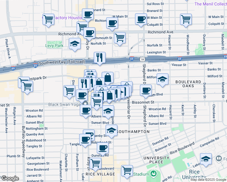 map of restaurants, bars, coffee shops, grocery stores, and more near 2347 Bartlett Street in Houston