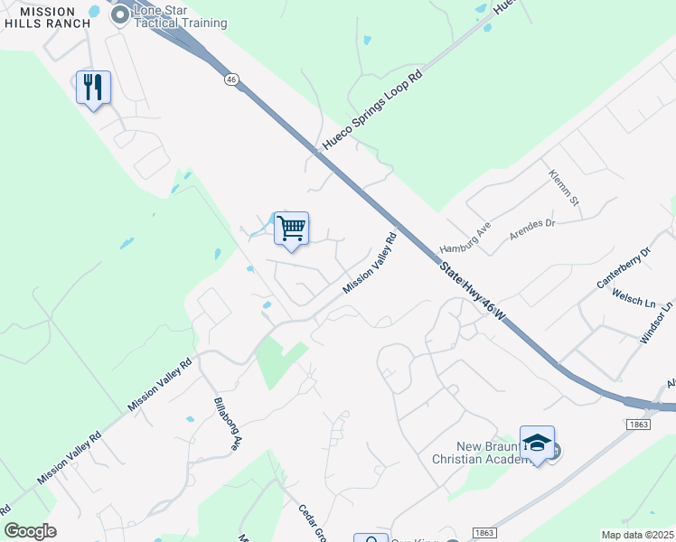 map of restaurants, bars, coffee shops, grocery stores, and more near 504 Wilderness Way in New Braunfels