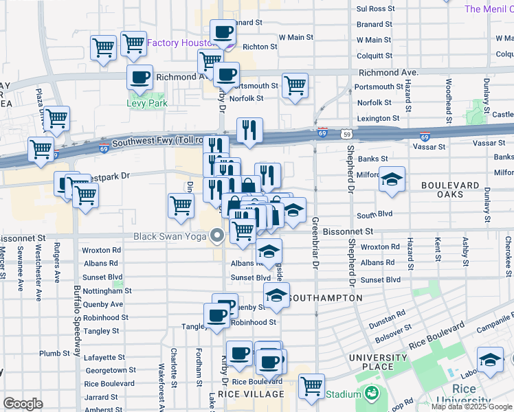 map of restaurants, bars, coffee shops, grocery stores, and more near 2441 Bartlett Street in Houston