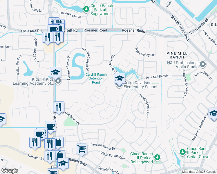 map of restaurants, bars, coffee shops, grocery stores, and more near 27106 Hardwick Hills Lane in Katy