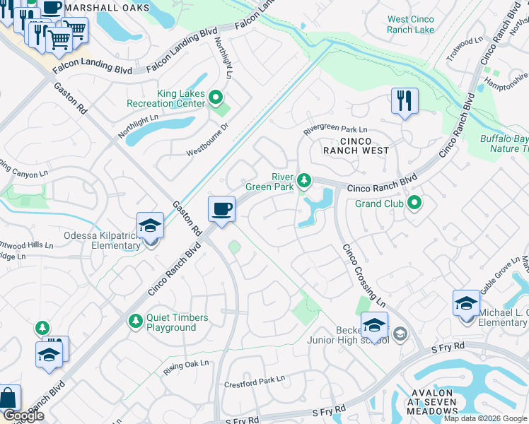 map of restaurants, bars, coffee shops, grocery stores, and more near 25710 Jordan Terrace Ln in Katy