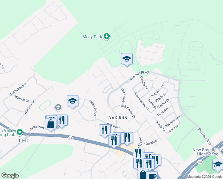map of restaurants, bars, coffee shops, grocery stores, and more near 2340 Oak Run Parkway in New Braunfels