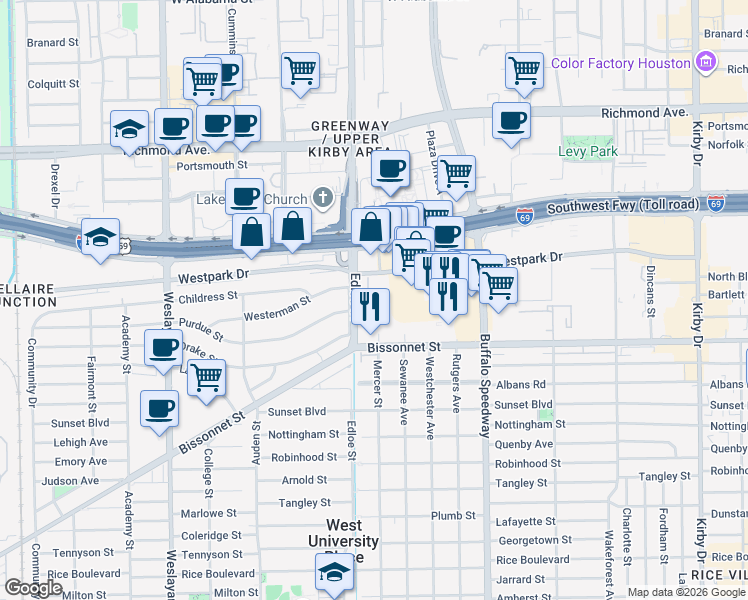 map of restaurants, bars, coffee shops, grocery stores, and more near 5135 Edloe Street in Houston