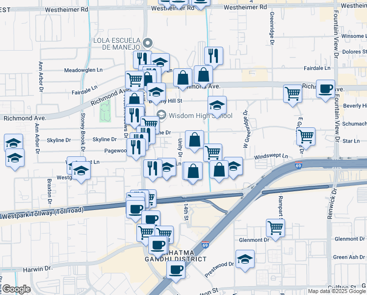 map of restaurants, bars, coffee shops, grocery stores, and more near 3449 Unity Drive in Houston