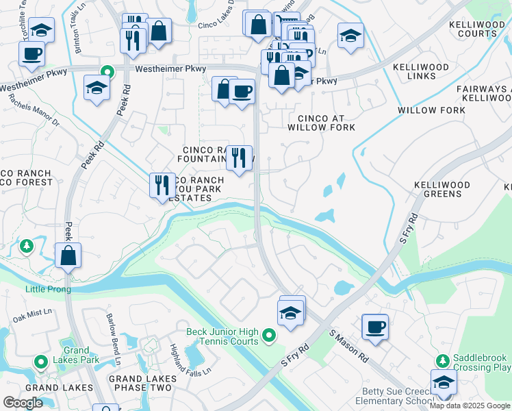 map of restaurants, bars, coffee shops, grocery stores, and more near 4242 Mason Road in Katy