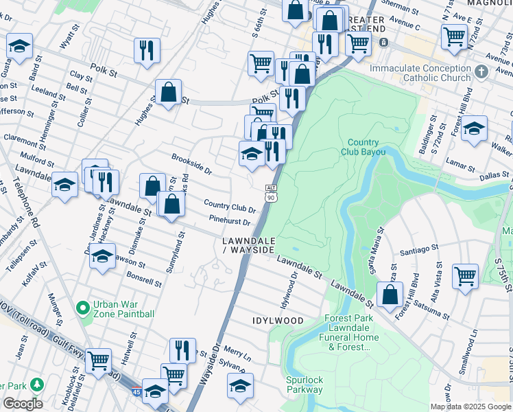 map of restaurants, bars, coffee shops, grocery stores, and more near 6519 Country Club Drive in Houston