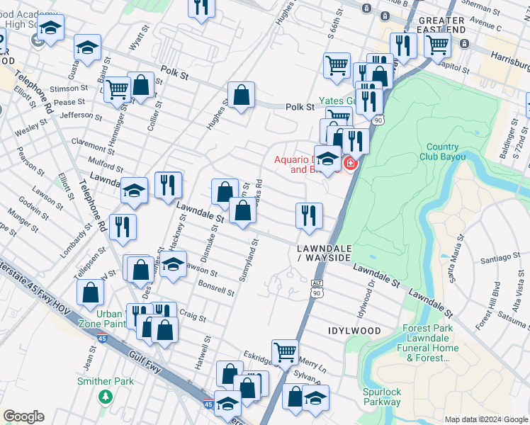 map of restaurants, bars, coffee shops, grocery stores, and more near 6422 Country Club Drive in Houston