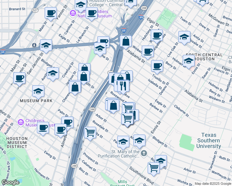 map of restaurants, bars, coffee shops, grocery stores, and more near 2314 Wheeler Avenue in Houston