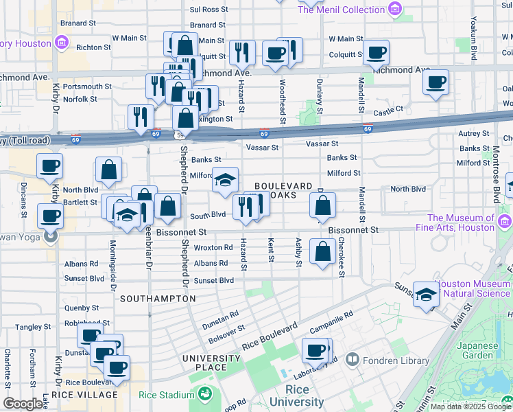 map of restaurants, bars, coffee shops, grocery stores, and more near 1920 South Boulevard in Houston