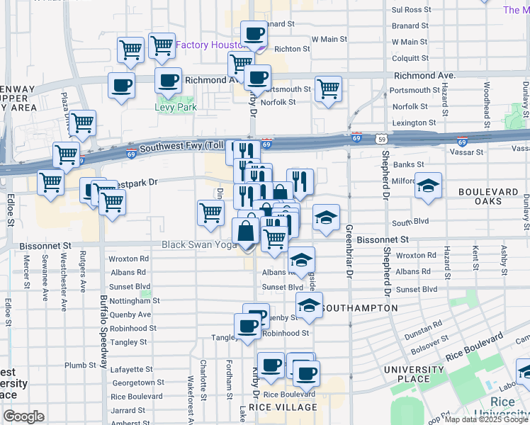 map of restaurants, bars, coffee shops, grocery stores, and more near 2531 Bartlett Street in Houston