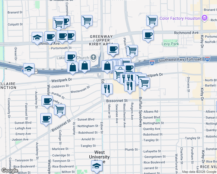 map of restaurants, bars, coffee shops, grocery stores, and more near 5135 Edloe Street in Houston