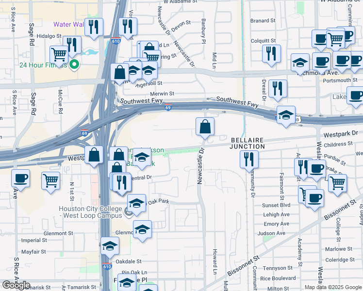 map of restaurants, bars, coffee shops, grocery stores, and more near 4700 Westpark Drive in Houston
