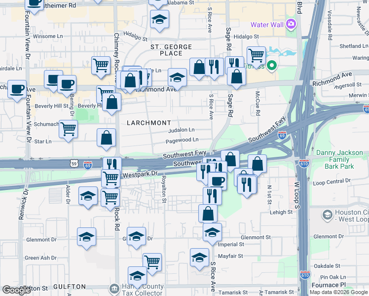 map of restaurants, bars, coffee shops, grocery stores, and more near 5346 Windswept Lane in Houston