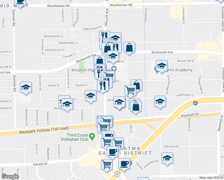 map of restaurants, bars, coffee shops, grocery stores, and more near 3515 Hillcroft Street in Houston