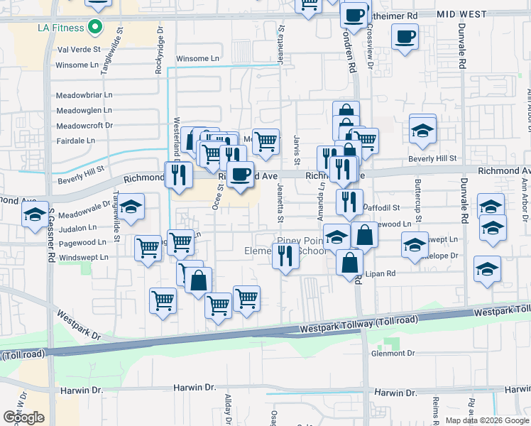 map of restaurants, bars, coffee shops, grocery stores, and more near 3708-3760 Jeanetta St in Houston
