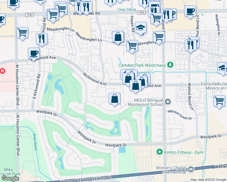 map of restaurants, bars, coffee shops, grocery stores, and more near 11355 Richmond Avenue in Houston