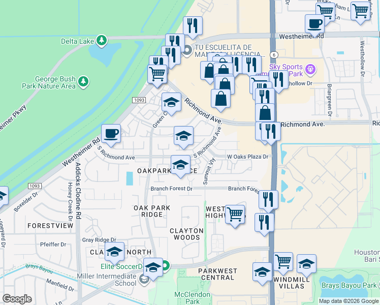 map of restaurants, bars, coffee shops, grocery stores, and more near 14863 South Richmond Avenue in Houston