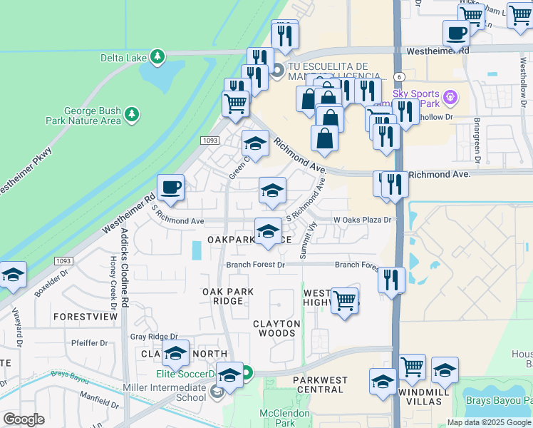 map of restaurants, bars, coffee shops, grocery stores, and more near 14947 Tuttle Point Drive in Houston