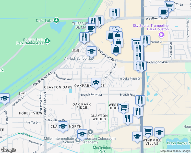 map of restaurants, bars, coffee shops, grocery stores, and more near 14947 Tuttle Point Drive in Houston