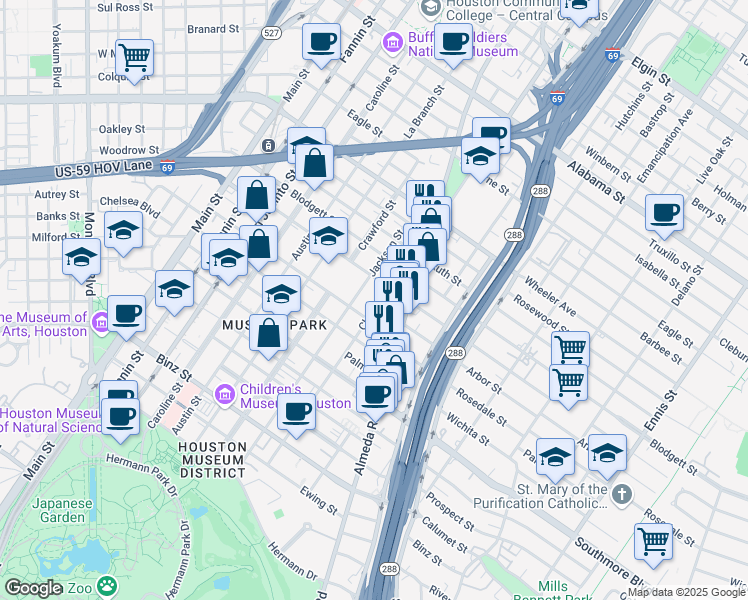 map of restaurants, bars, coffee shops, grocery stores, and more near 4816 Chenevert Street in Houston
