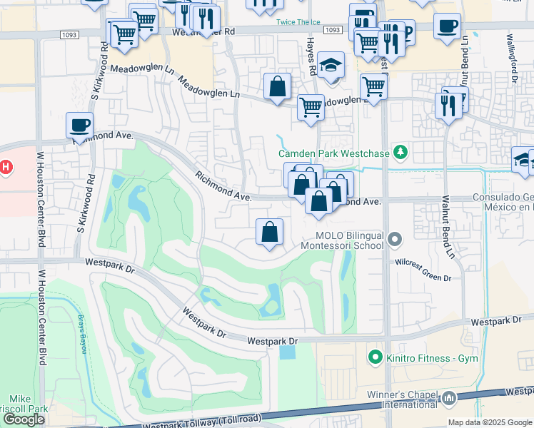 map of restaurants, bars, coffee shops, grocery stores, and more near 11355 Richmond Avenue in Houston