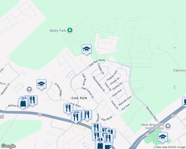 map of restaurants, bars, coffee shops, grocery stores, and more near 2285 Kiskadee Drive in New Braunfels