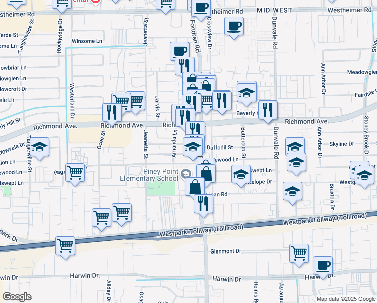 map of restaurants, bars, coffee shops, grocery stores, and more near 8914 Bellflower Street in Houston