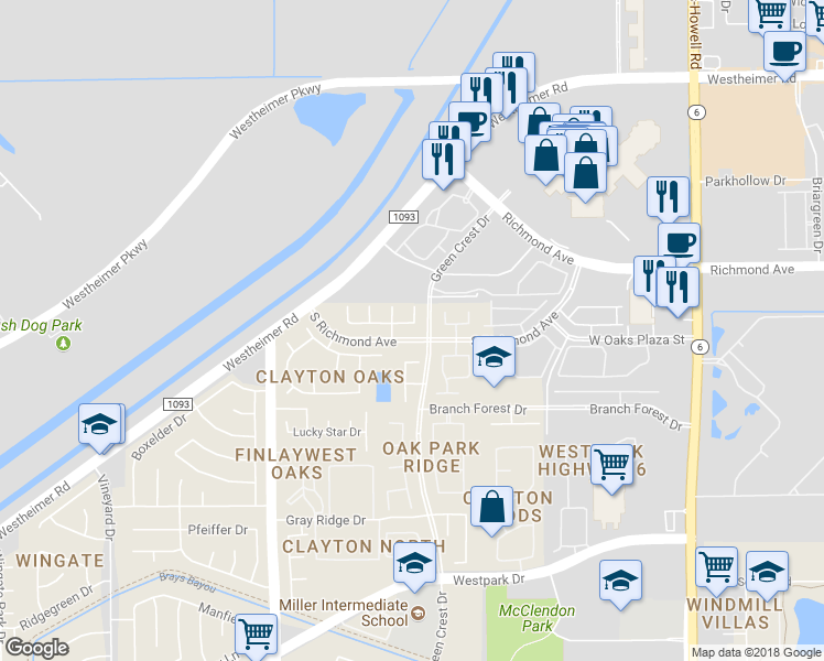 map of restaurants, bars, coffee shops, grocery stores, and more near 15107 Leila Bend Drive in Houston