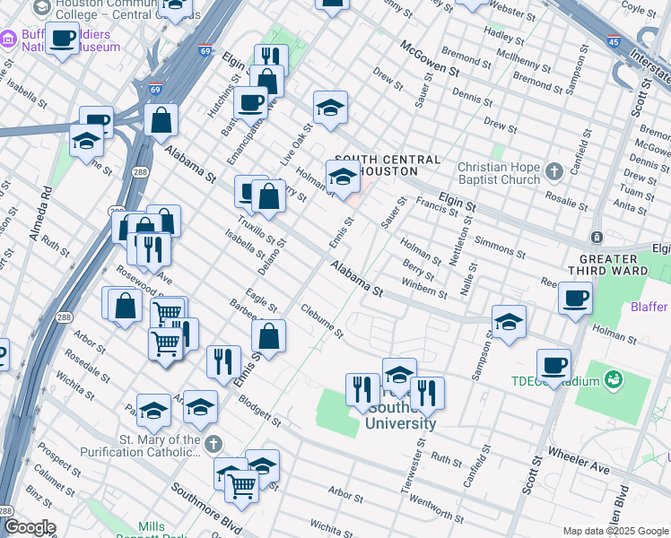 map of restaurants, bars, coffee shops, grocery stores, and more near 3016 Alabama Street in Houston