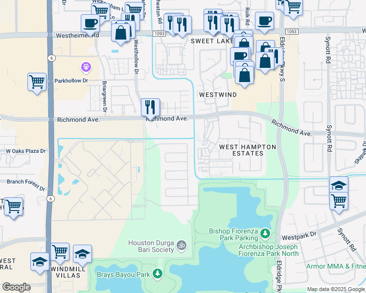 map of restaurants, bars, coffee shops, grocery stores, and more near 13811 Sheri Hollow Lane in Houston