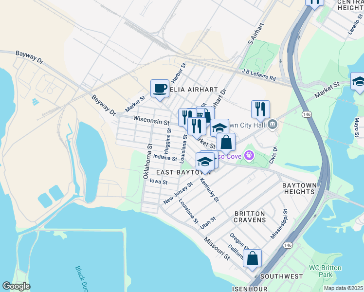 map of restaurants, bars, coffee shops, grocery stores, and more near 3100 Michigan Street in Baytown