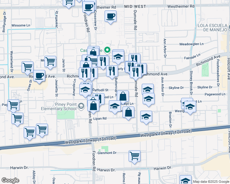 map of restaurants, bars, coffee shops, grocery stores, and more near 3404 Buttercup Street in Houston