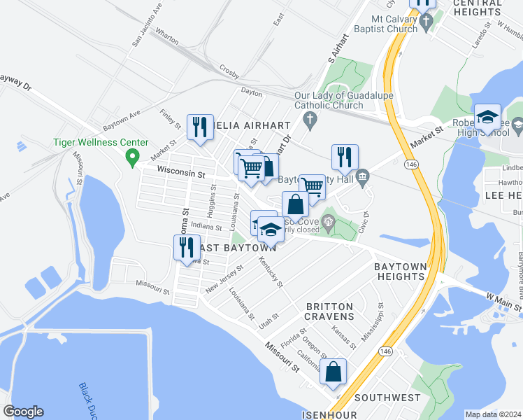 map of restaurants, bars, coffee shops, grocery stores, and more near 2703 West Main Street in Baytown