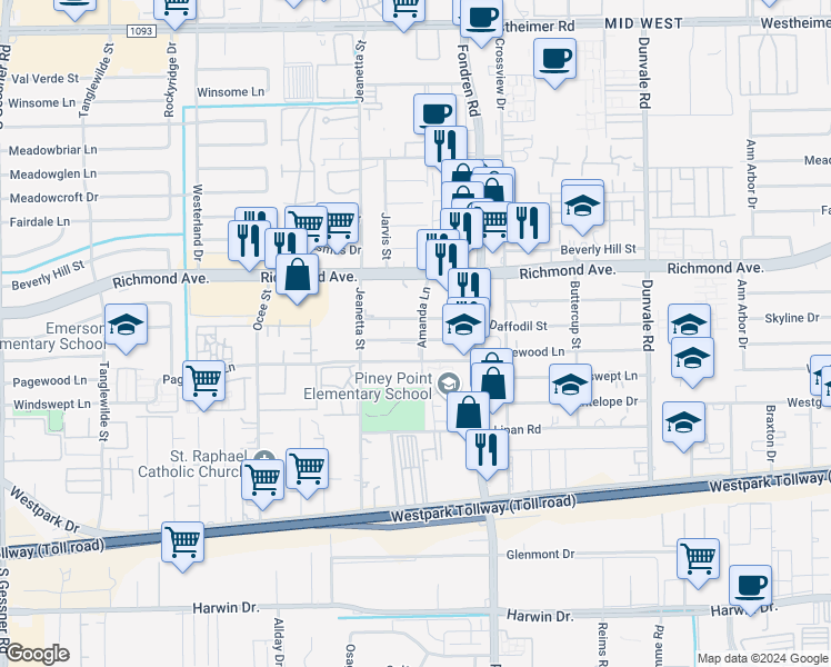 map of restaurants, bars, coffee shops, grocery stores, and more near 9002 Bellflower Street in Houston